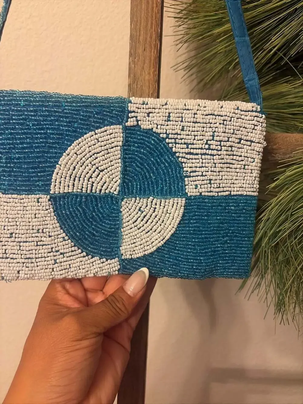 Sol and Mer Blue and White Geometric Beaded Shoulder Bag